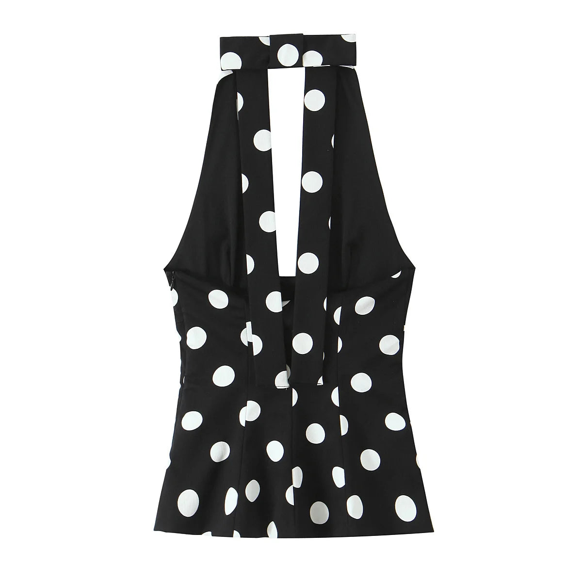 Women Fashion Sleeveless Backless Sexy Black Polka Dot Bow Neck Halter Top