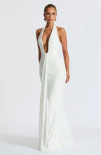 Deep V-Neck Backless Ruched Maxi Dress Halter Gown