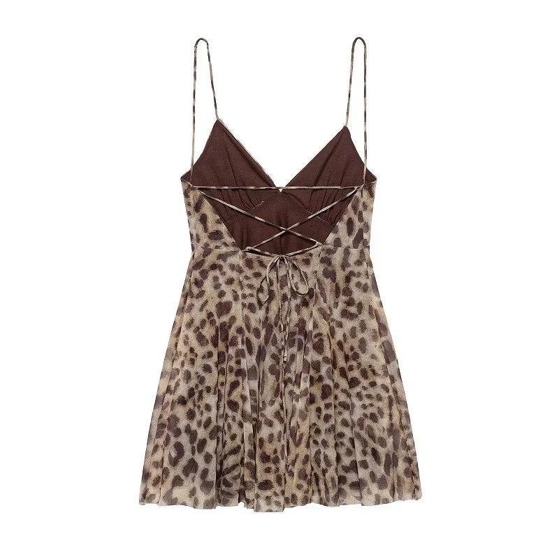 Leopard Print Tulle Slip Dress With Backless Draped