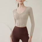Flow Zip Front Top for Women with V Neck Long Sleeve