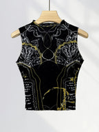 Chic Double Layer Mesh Tee With Elegant Print And High Collar Short Sleeve Women Net Shirt