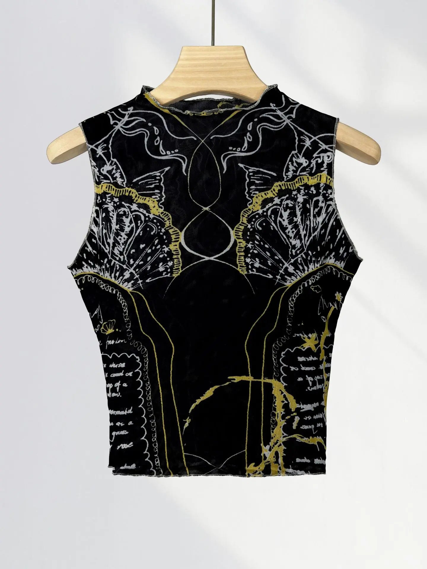 Chic Double Layer Mesh Tee With Elegant Print And High Collar Short Sleeve Women Net Shirt
