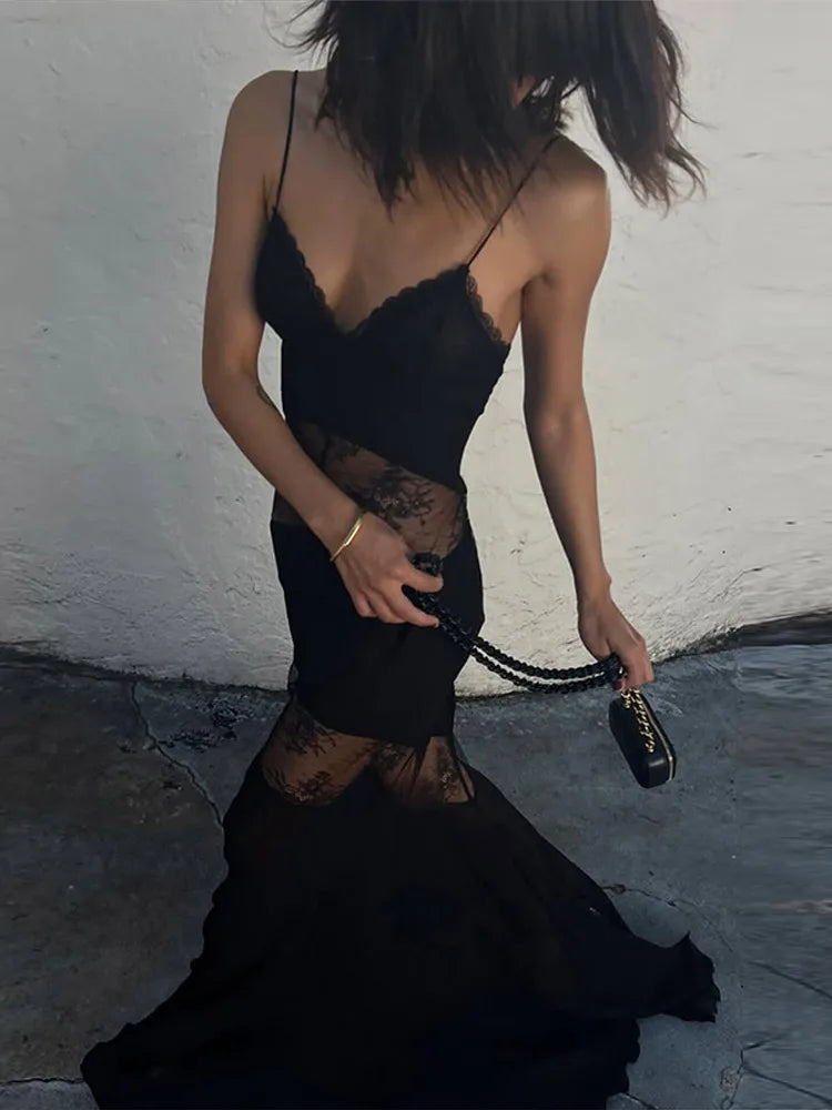 Lace See Through Sling Maxi Dress Evening