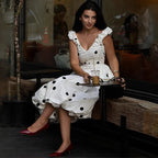 Long Polka Dot Skirt Set With Cropped Puffy Sleeveless Top