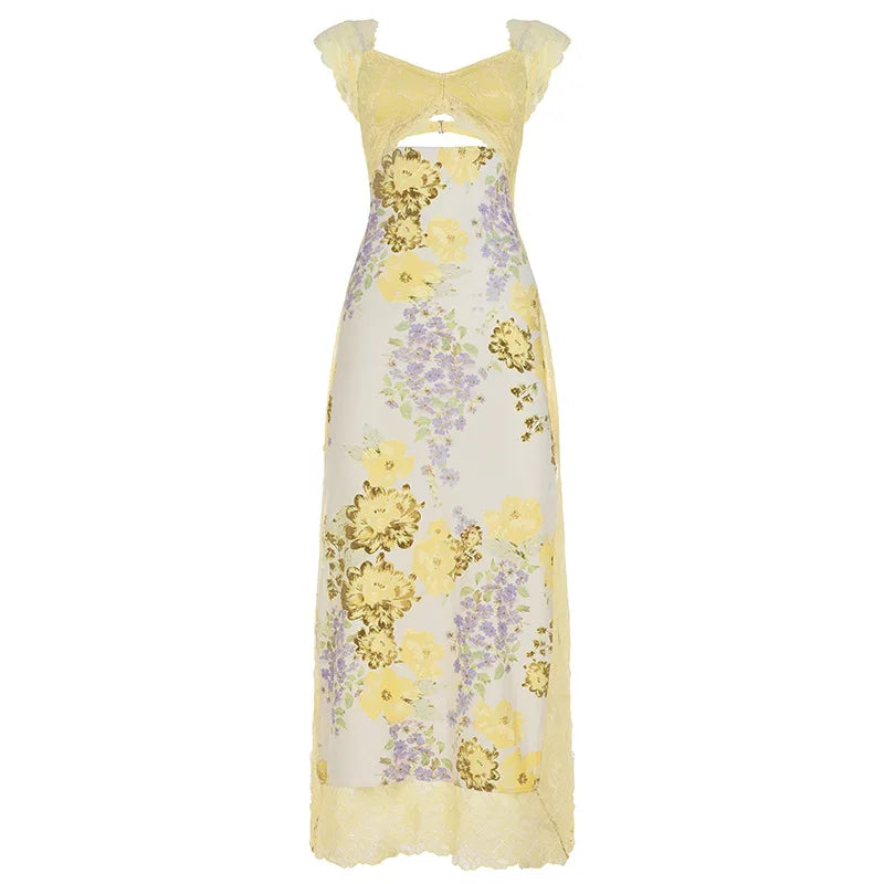 Elegant Backless Halter Dress With Lace And Floral Print High Waist Irregular Split