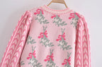 Front Wood Ears Ruffles Jacquard Cropped Sweater Vintage O neck Puff Sleeve Pullovers Short Jumper Knitwear