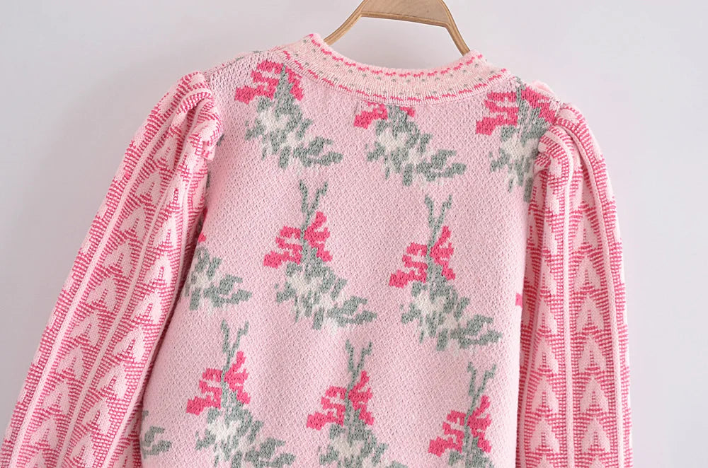 Front Wood Ears Ruffles Jacquard Cropped Sweater Vintage O neck Puff Sleeve Pullovers Short Jumper Knitwear