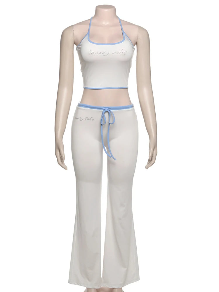 Halter Crop Top Two Piece Set With Drawstring Flare Pants Bold Letter Print