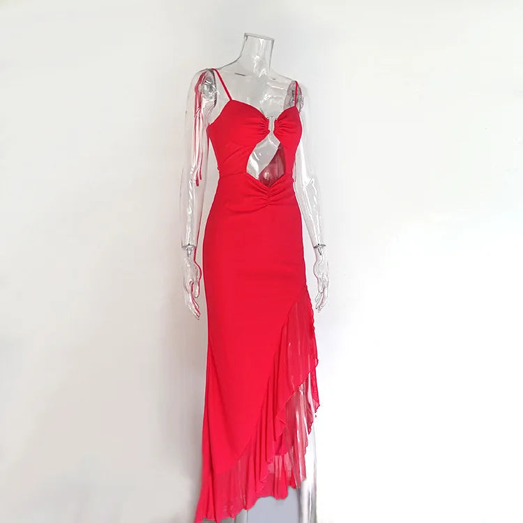 Sultry Lace Up Backless Dress With Ruffles And Irregular Wrap Hem