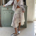 Women Paisley Lace Midi Skirt Sheer Mesh Asymmetrical Hem Flared Skirt High Waist See Through