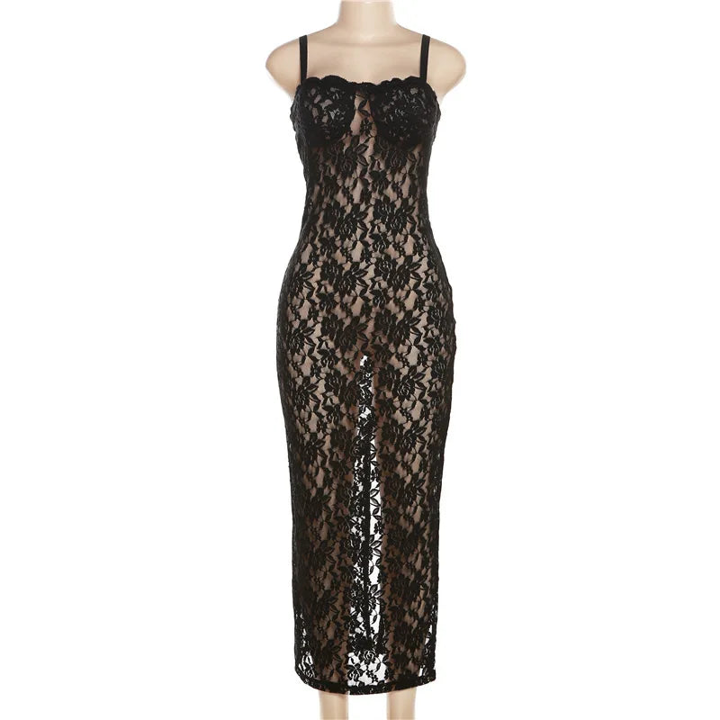 Sexy Lace Black Maxi Dress Nightclub Bodycon Silhouette