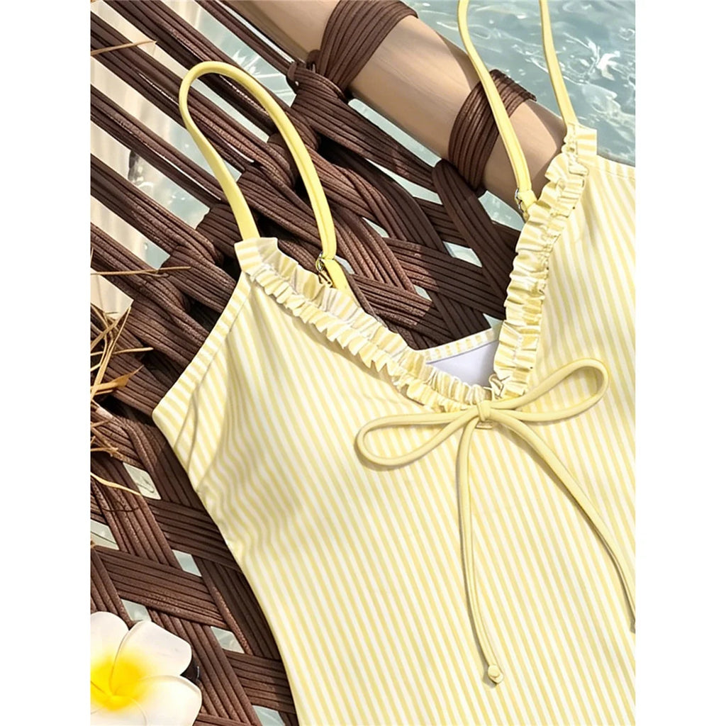 Striped Plaid V Neck  One Piece Swimsuit Female Frilled High Leg Cut Padded
