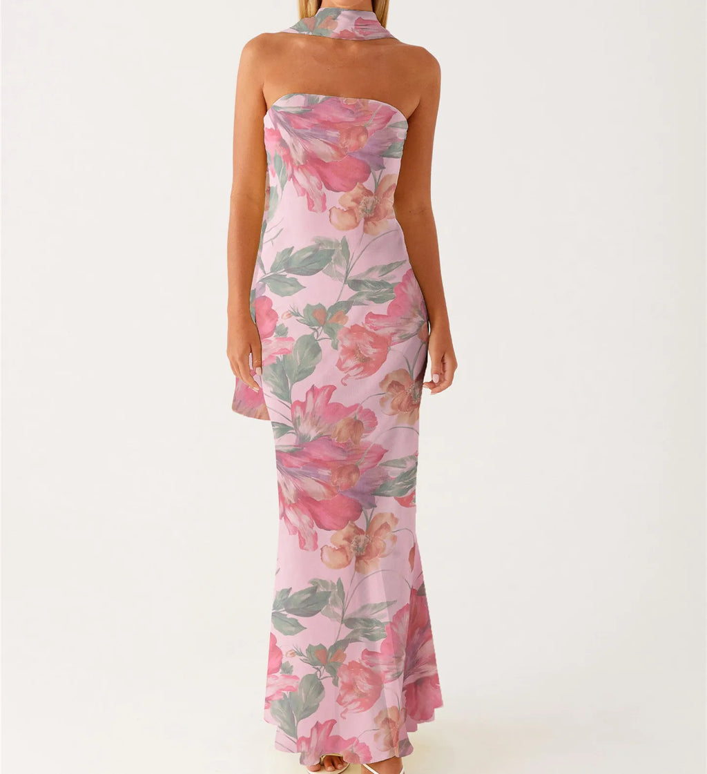 Floral Tube Maxi Dress With Scarf Strapless Backless Mesh Bodycon Sundress