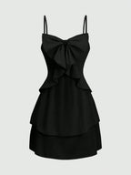 Chic Cinched-Waist Three-Layer Ruffle Bow Suspender Dress