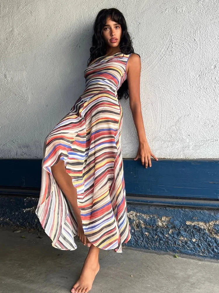 Colorful Stripe Sleeveless Midi Dress
