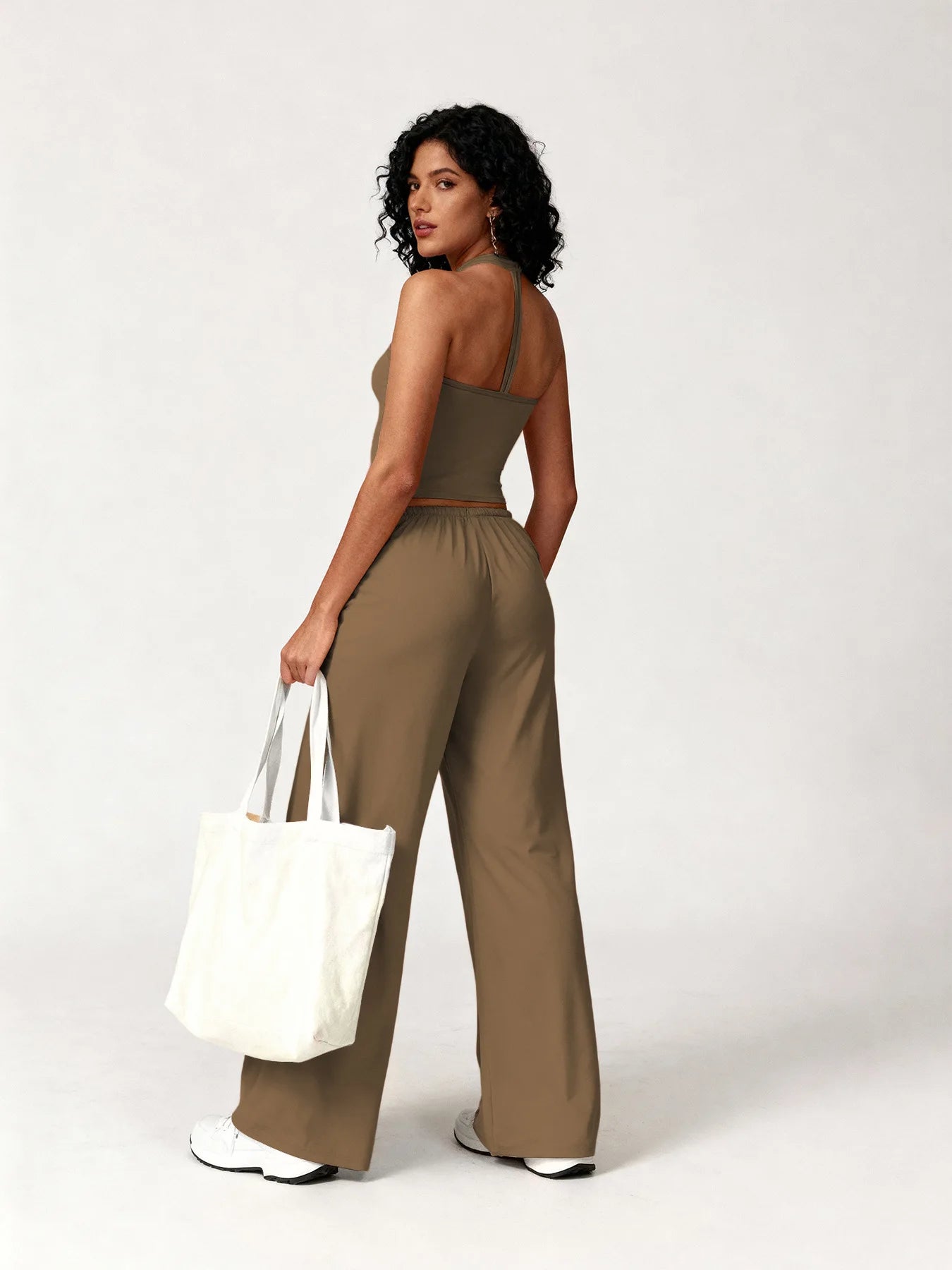 Two Piece Set With Sleek V Neck Tank Backless Detail And Wide Leg Pants