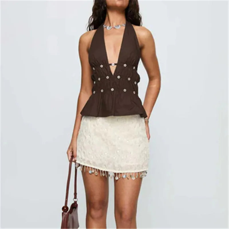 Shimmer Sequin Mini Skirt With Floral Embroidery A Line Silhouette Set