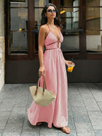 Sea Breeze Striped Deep V Beach Dress With Backless Sleeveless Maxi