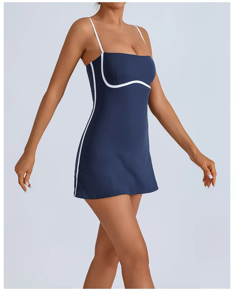 Women's Tennis Sleeveless Contrast Workout Yoga Build in Shorts Fashion Tight Fitting Skirts Suit