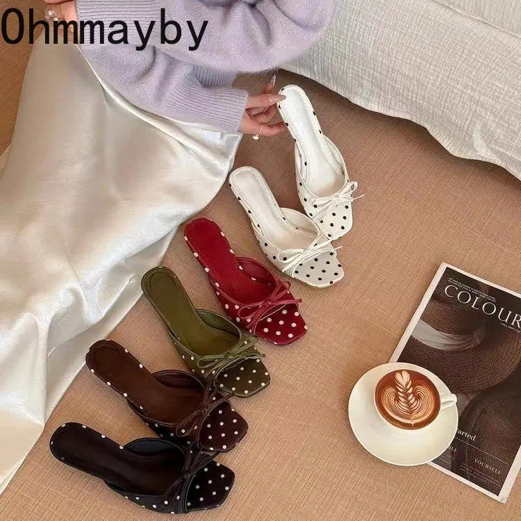 Elegant Polka Dot Satin Slippers With Square Toe And Butterfly Knot