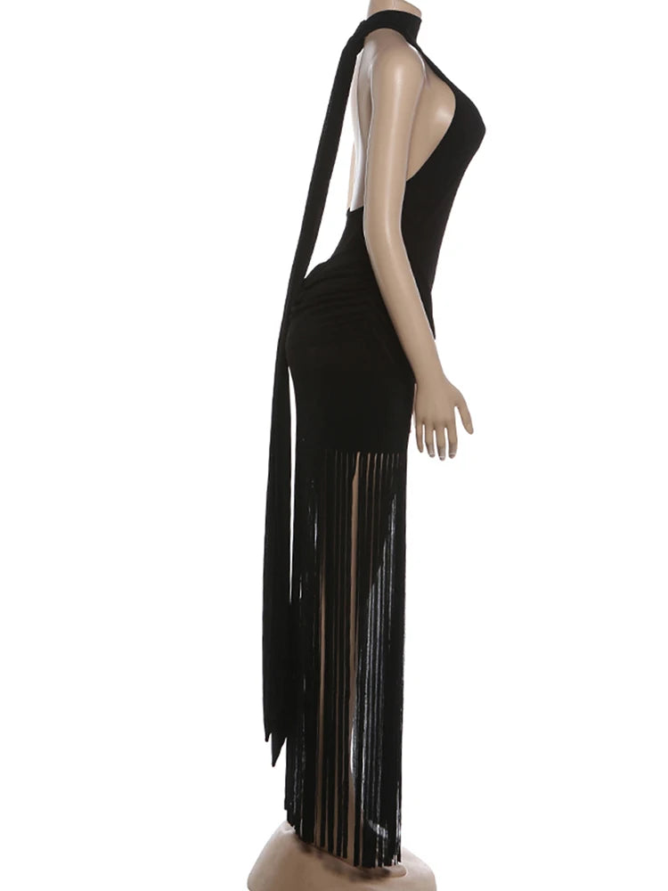 Velvet Halter Turtleneck Backless Mini Dress With Ruched Patchwork Tassel Hem