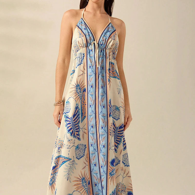 Boho Chic Patterned Suspender Dress With Backless V Neck Pleated Beach Maxi