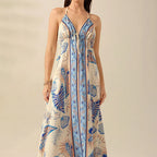 Boho Chic Patterned Suspender Dress With Backless V Neck Pleated Beach Maxi