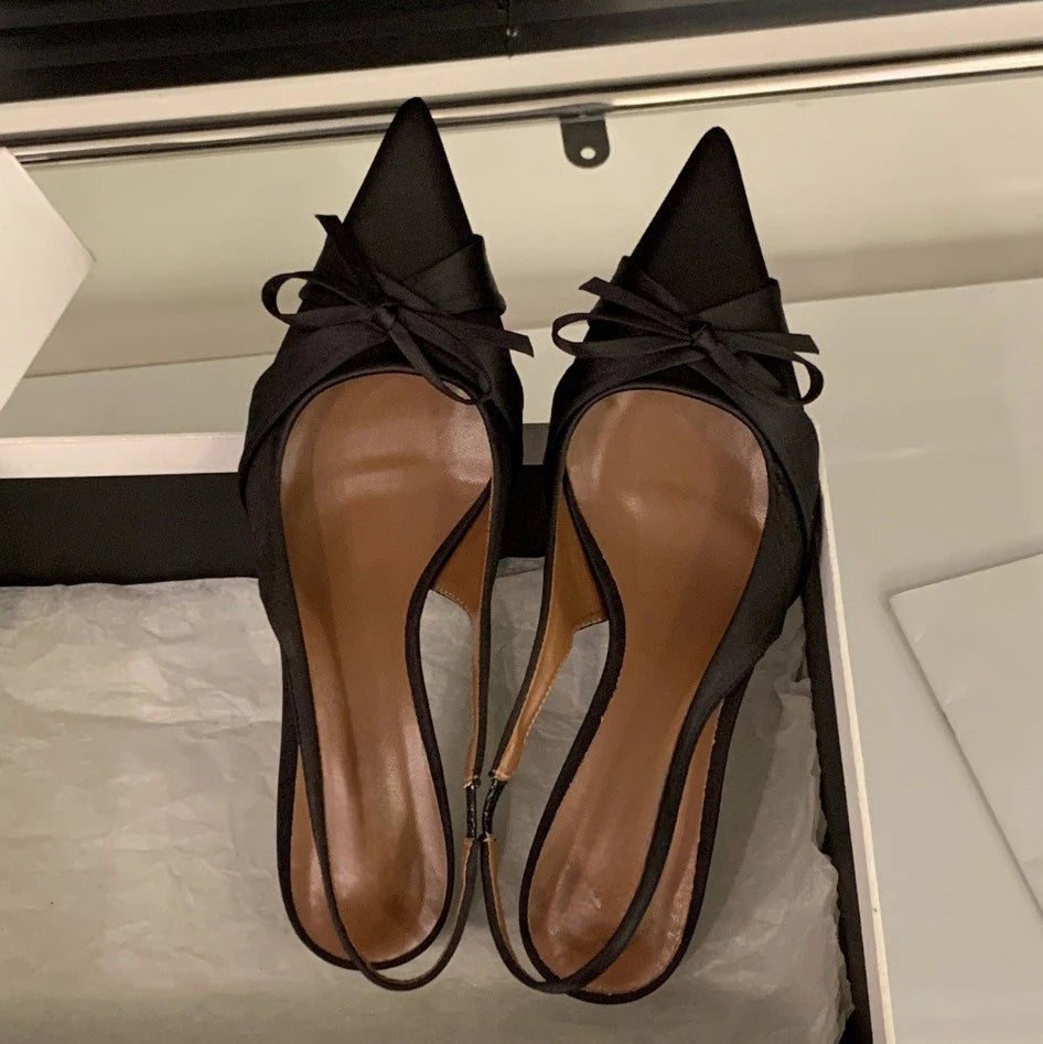 Bowtie Silk Sandals With Pointed Toe And Slim Slingback Heels