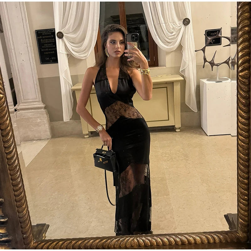 Lace See Through Sling Maxi Dress Evening