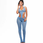 Mesh Backless Halter Jumpsuit With See Through Panels And Figure Hugging Fit