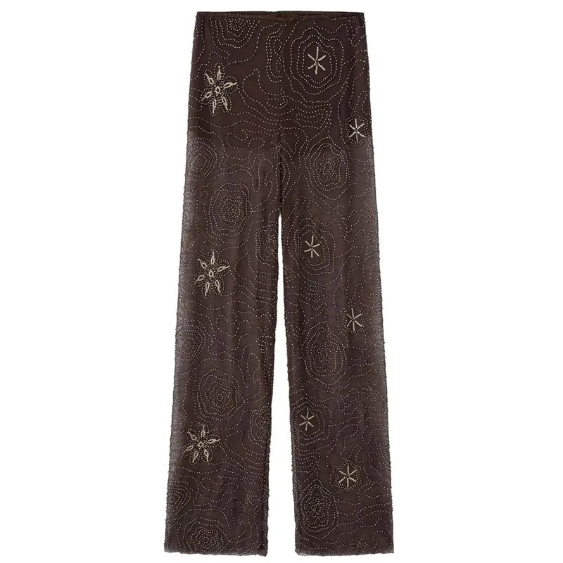 Beaded High Waist Pants With Sequin Embellishment