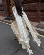 Ruffle Maxi Dress With Lapel V Neck Sleeveless Pleated High Waist