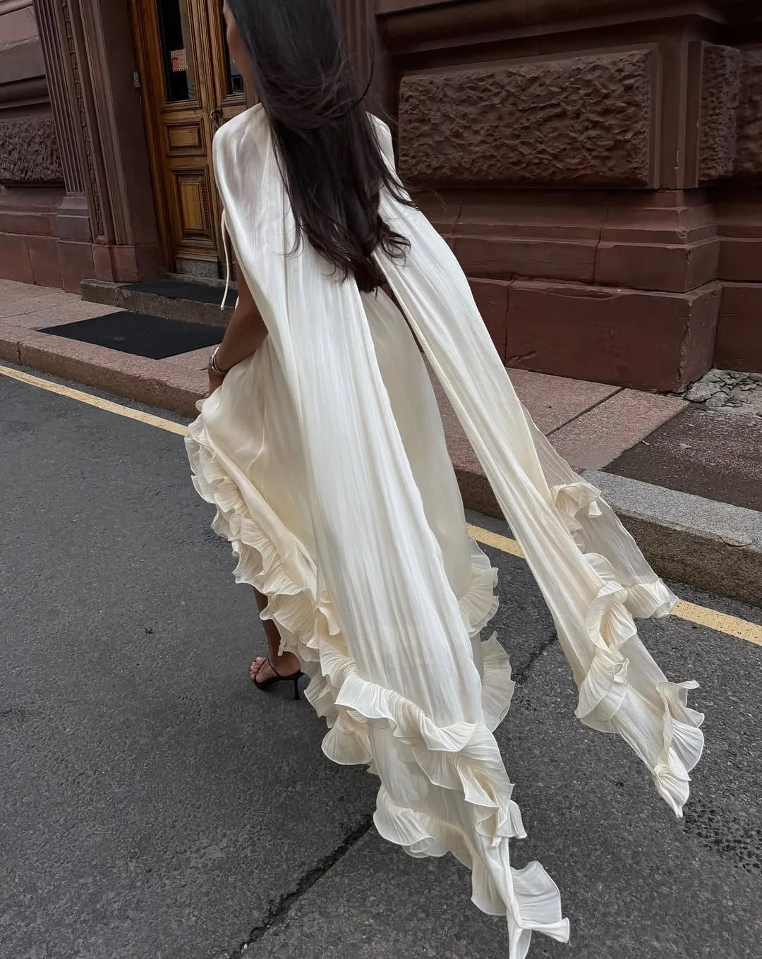 Ruffle Maxi Dress With Lapel V Neck Sleeveless Pleated High Waist