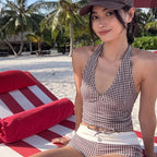 Checkered V Neck One Piece Swimsuit With Belly Coverage And Open Back