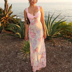Elegant Backless Halter Dress With Lace And Floral Print High Waist Irregular Split
