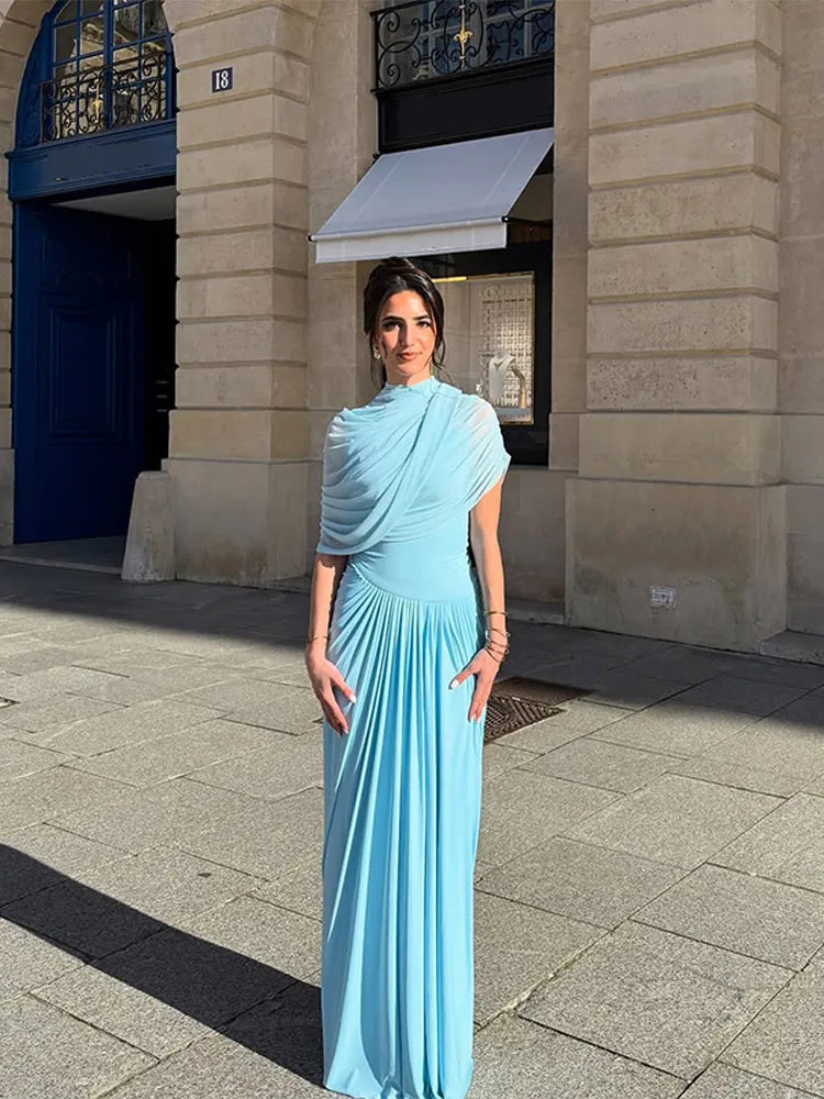 Blue Irregular Shawl Maxi Dress Slim Fit Pleated Turtleneck Elegant Evening