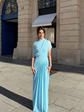 Blue Irregular Shawl Maxi Dress Slim Fit Pleated Turtleneck Elegant Evening