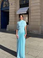 Blue Irregular Shawl Maxi Dress Slim Fit Pleated Turtleneck Elegant Evening