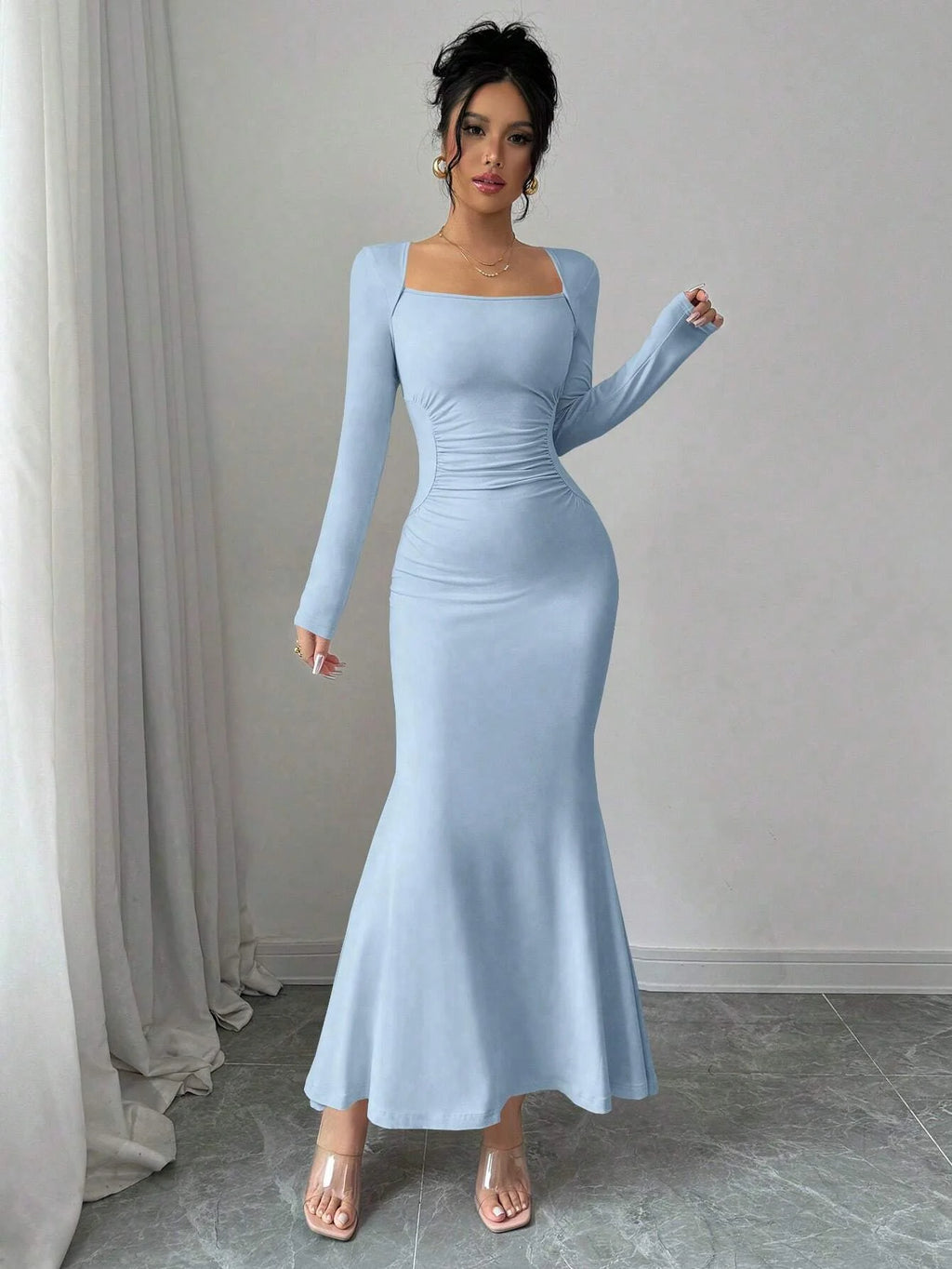 Retro Square Collar Dress With Long Sleeves In Solid Color