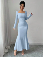 Retro Square Collar Dress With Long Sleeves In Solid Color