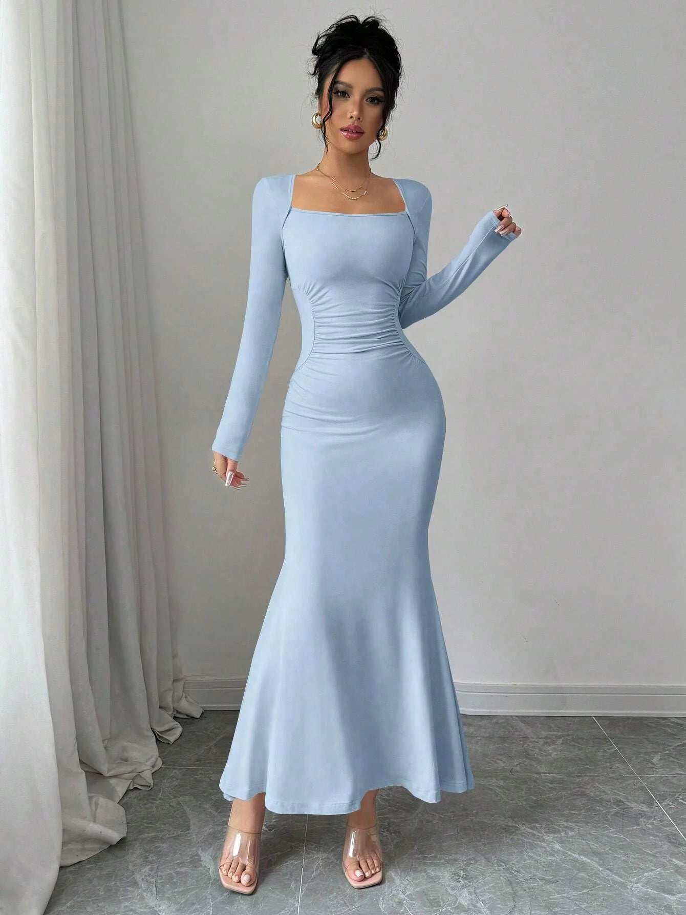 Retro Square Collar Dress With Long Sleeves In Solid Color