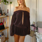 Off Shoulder Chiffon Romper Women Long Bell Sleeve Keyhole Front Lace Trim Ruffle Hem Shorts Jumpsuit