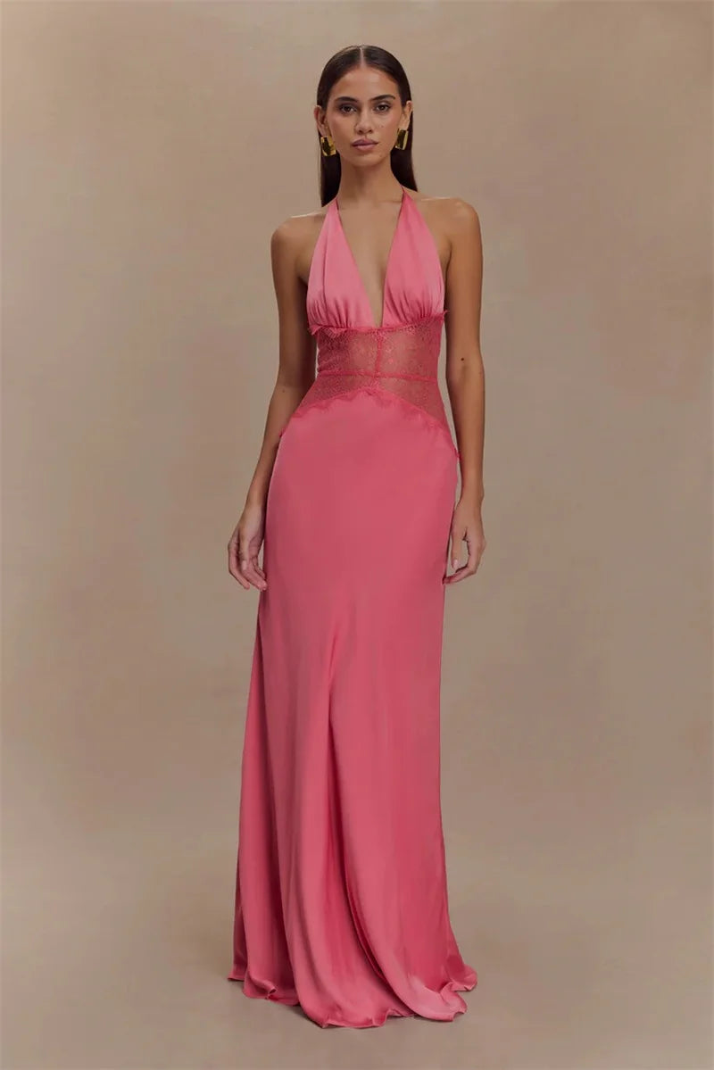 Backless Maxi Gown With Patchwork Lace Halter Neck Deep V And High Waist Elegance