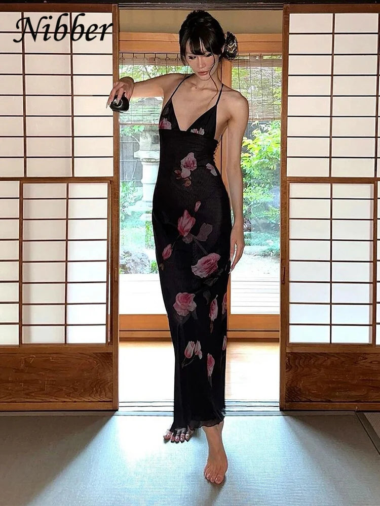Floral Rose Print Backless Halter Maxi Dress