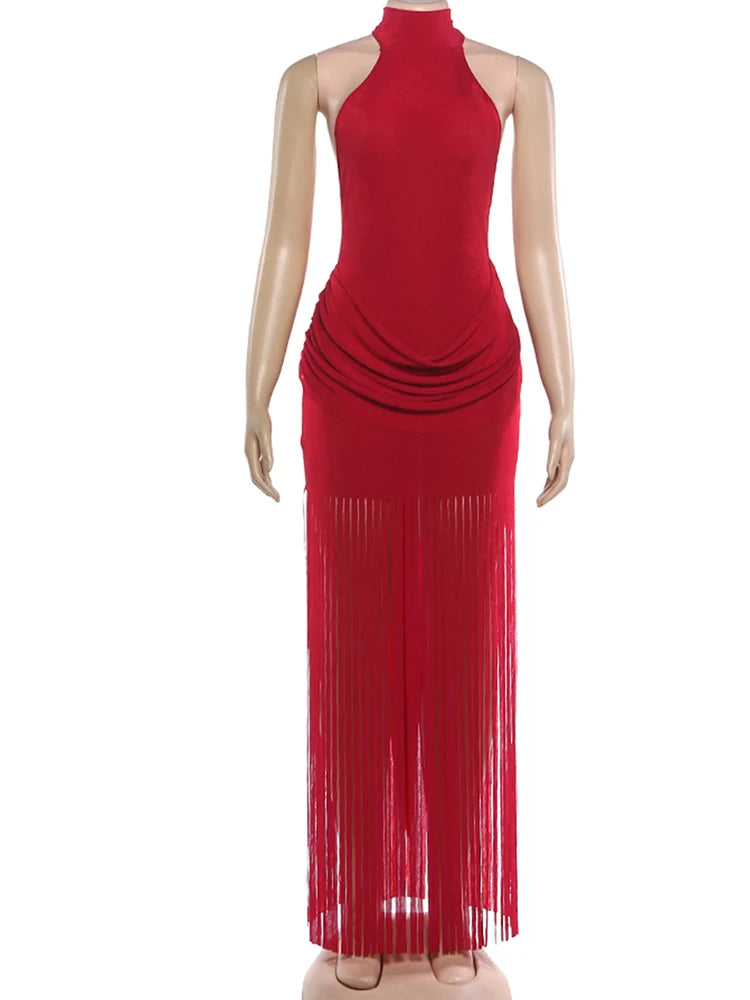 Velvet Halter Turtleneck Backless Mini Dress With Ruched Patchwork Tassel Hem