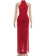 Velvet Halter Turtleneck Backless Mini Dress With Ruched Patchwork Tassel Hem