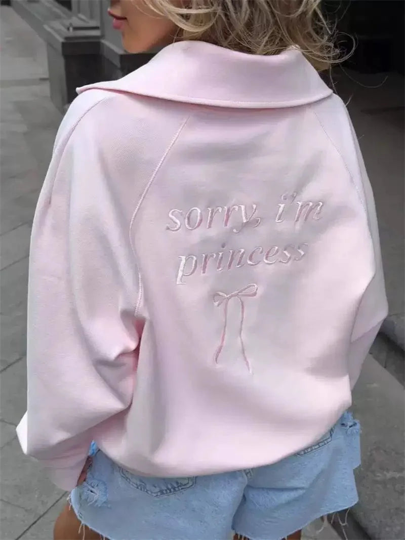 Fashion Women Pink Sweatshirt Vintage  Pullover Loose Half Zip Letter Embroidery Outwear