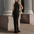 Satin Halter Backless Maxi Dress With Ribbon Tie Sleeveless Evening Gown