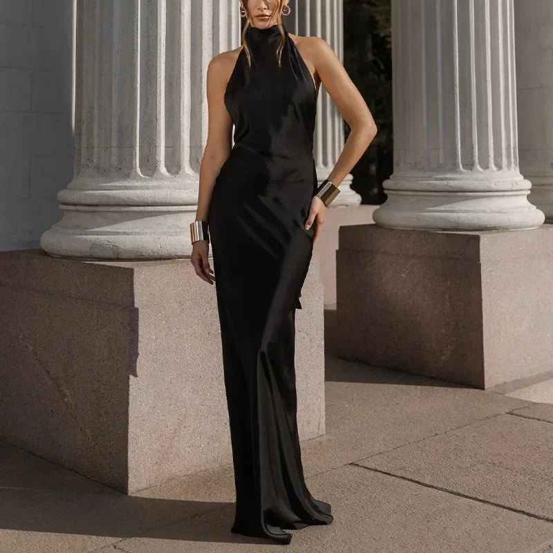 Satin Halter Backless Maxi Dress With Ribbon Tie Sleeveless Evening Gown