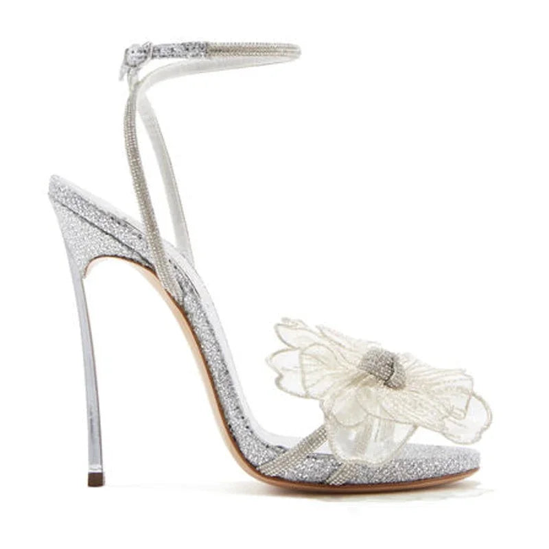 Spirulina Colored Rhinestones Organza Flowers Sandals Wisteria Straps High Heels
